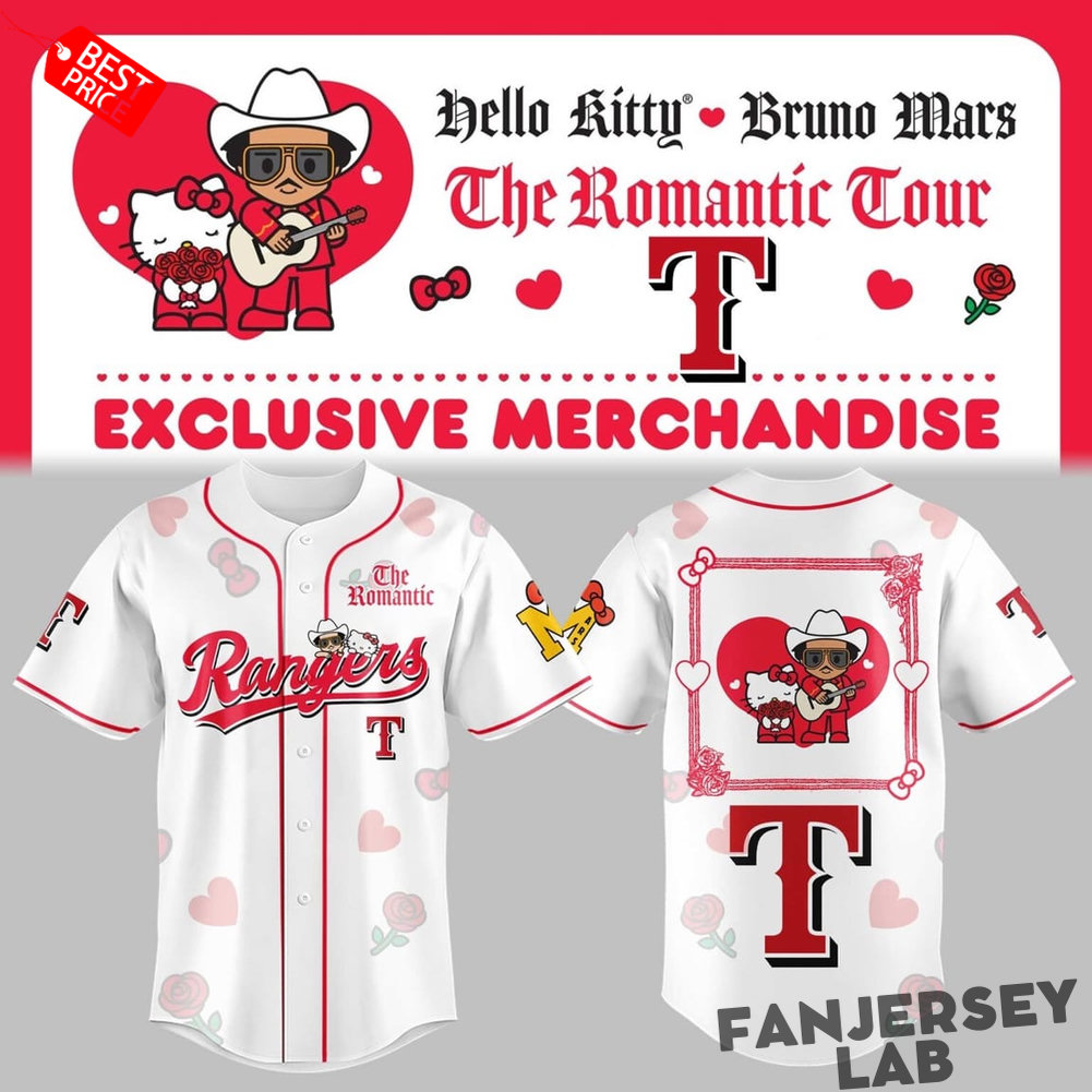 Texas Rangers x Hello Kitty Bruno Mars The Romantic Tour Exclusive Baseball Jersey Texas Rangers x Hello Kitty Bruno Mars The Romantic Tour Exclusive Baseball Jersey