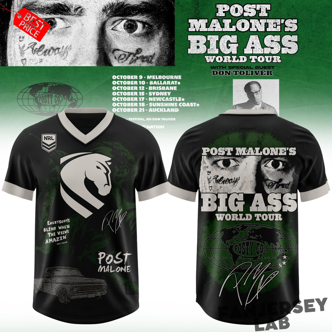 Brisbane Broncos x Post Malone Big Ass World Tour 2026 Football Jersey Brisbane Broncos x Post Malone Big Ass World Tour 2026 Football Jersey