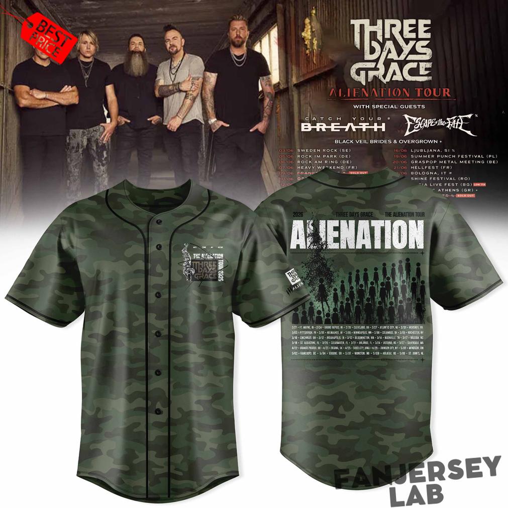 Three Days Grace Alienation Tour 2026 Green Camo Baseball Jersey Three Days Grace Alienation Tour 2026 Green Camo Baseball Jersey