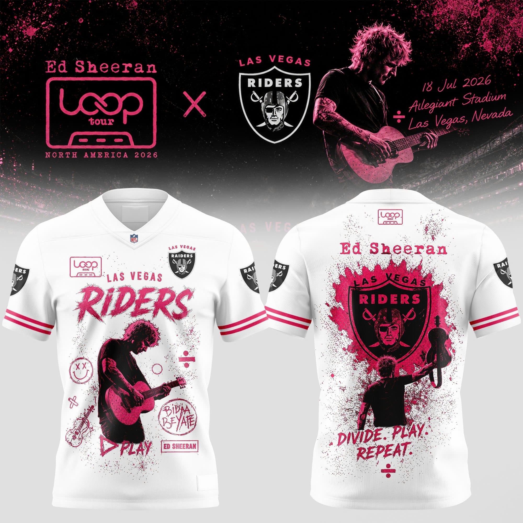 Las Vegas Raiders x Ed Sheeran LOOP Tour 2026 Football Jersey – White Las Vegas Raiders x Ed Sheeran LOOP Tour 2026 Football Jersey – White
