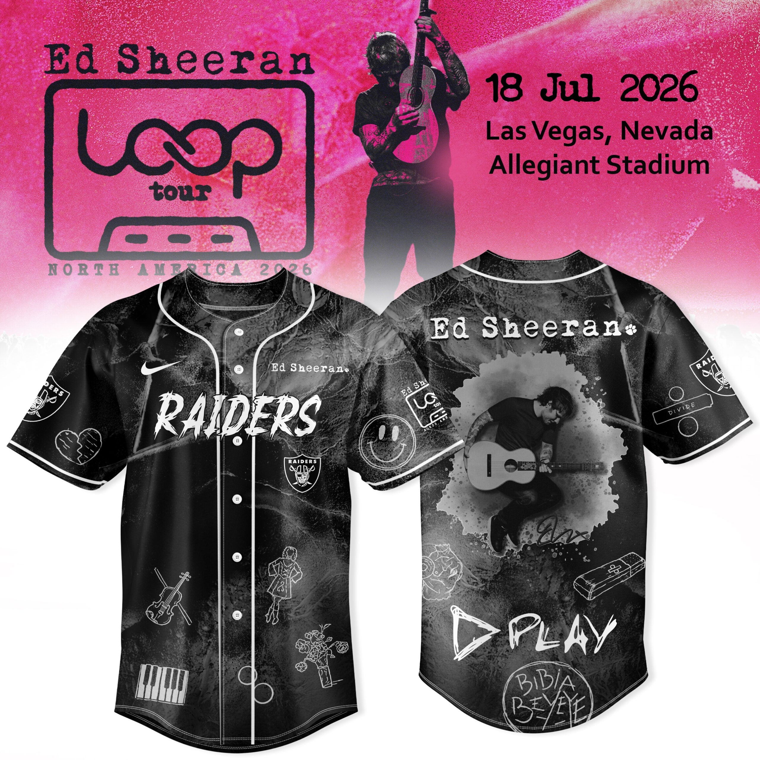 Las Vegas Raiders x Ed Sheeran LOOP Tour 2026 Baseball Jersey – Black Las Vegas Raiders x Ed Sheeran LOOP Tour 2026 Baseball Jersey – Black