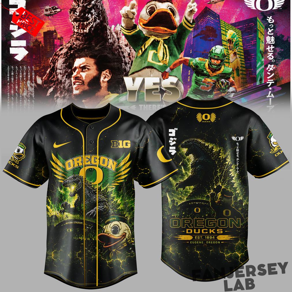 Oregon Ducks x Godzilla Edition Baseball Jersey Oregon Ducks x Godzilla Edition Baseball Jersey