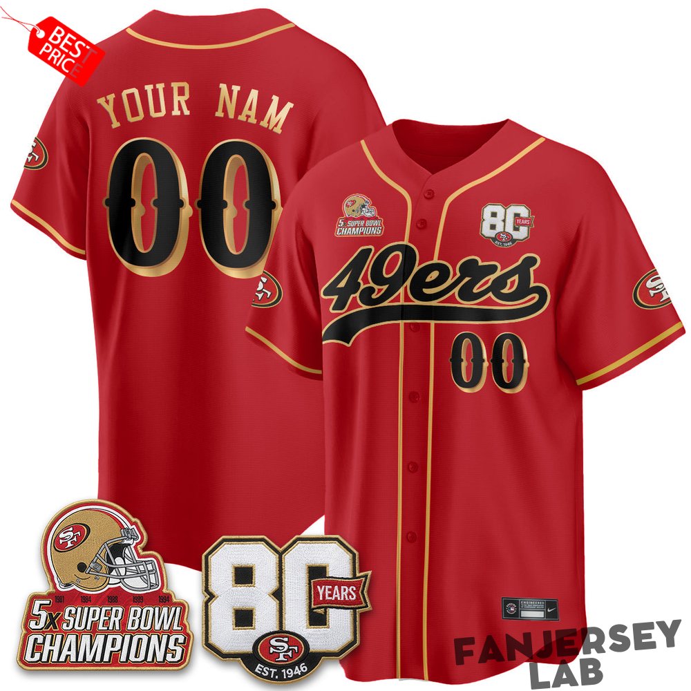 San Francisco 49ers 80 Years & 5X Champs Custom Baseball Jersey San Francisco 49ers 80 Years & 5X Champs Custom Baseball Jersey